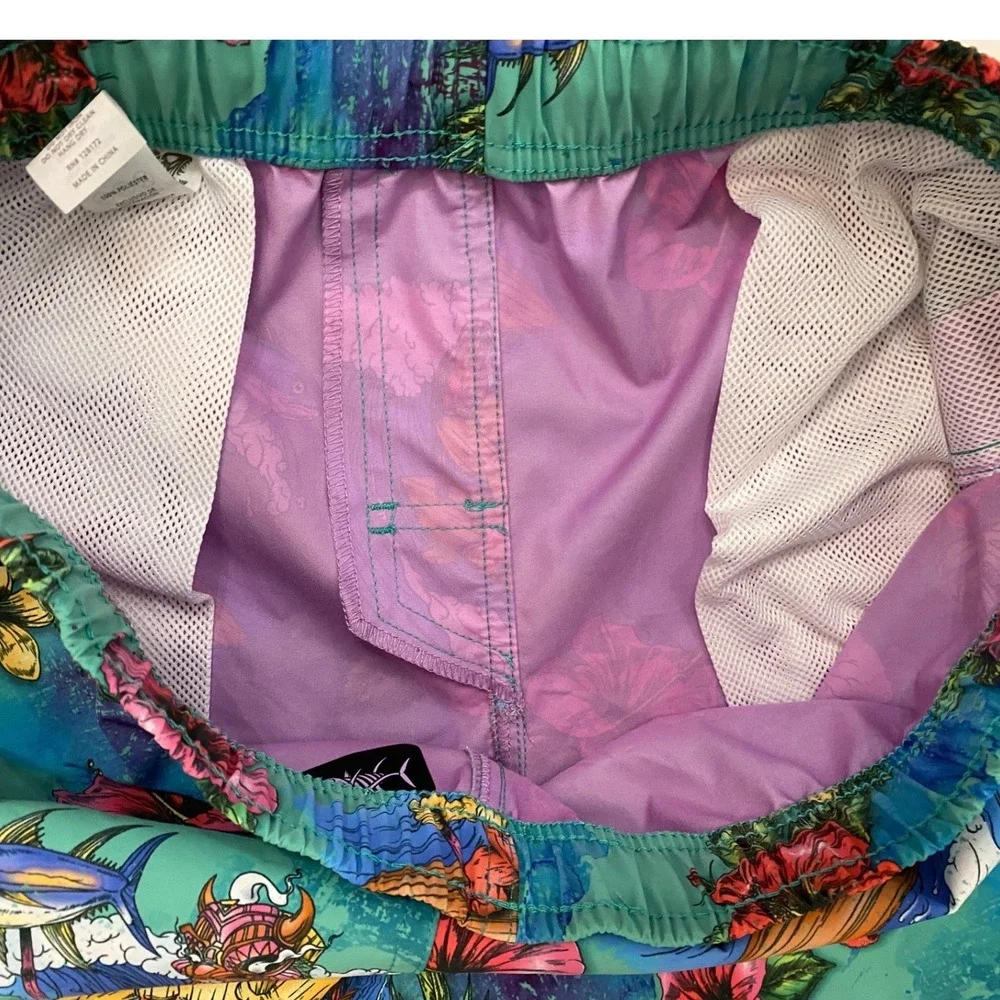 Psycho Tuna Mens Teal Tropical Surfing Skeleton Floral Swim Trunks Shorts Size M